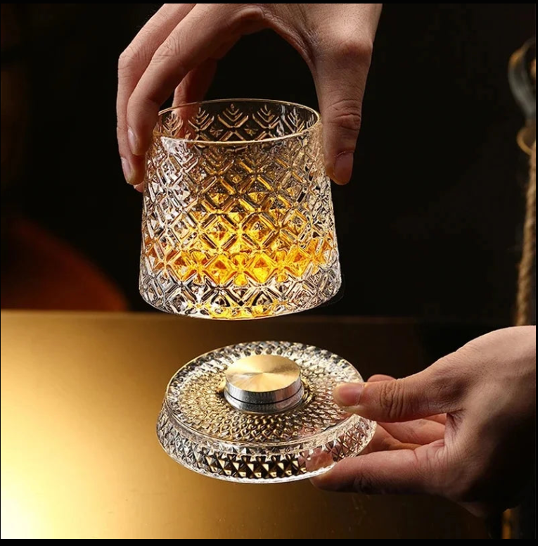 2026 New Whiskey Glasses Rotating Whisky Glass with Glass Base 360 Rotate Degrees Crystal Rum Glass for Cocktail Party Drinking